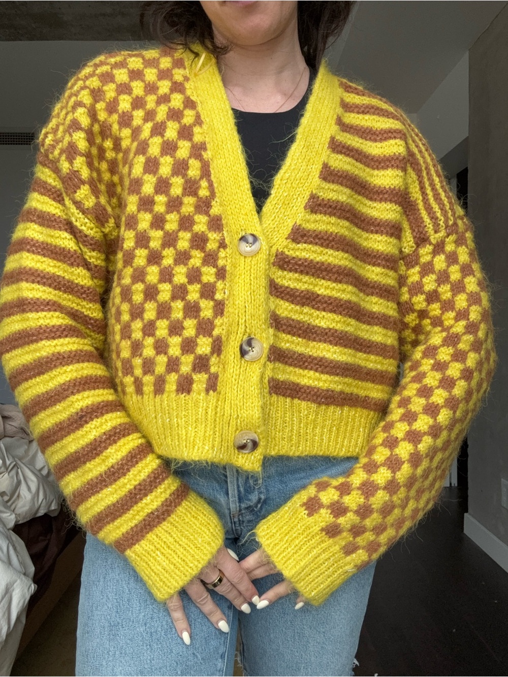 Zara Yellow and Brown Checkered Stripe Button Cardigan Sweater